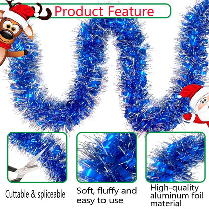 33Ft Long Blue Tinsel Twist Garland Shiny Thick Metallic Foil Xmas Tree Decorations for Birthday Party Christmas New Year Parties Parade Floats and Other Holidays Hanging Decor-(Blue+Silver)