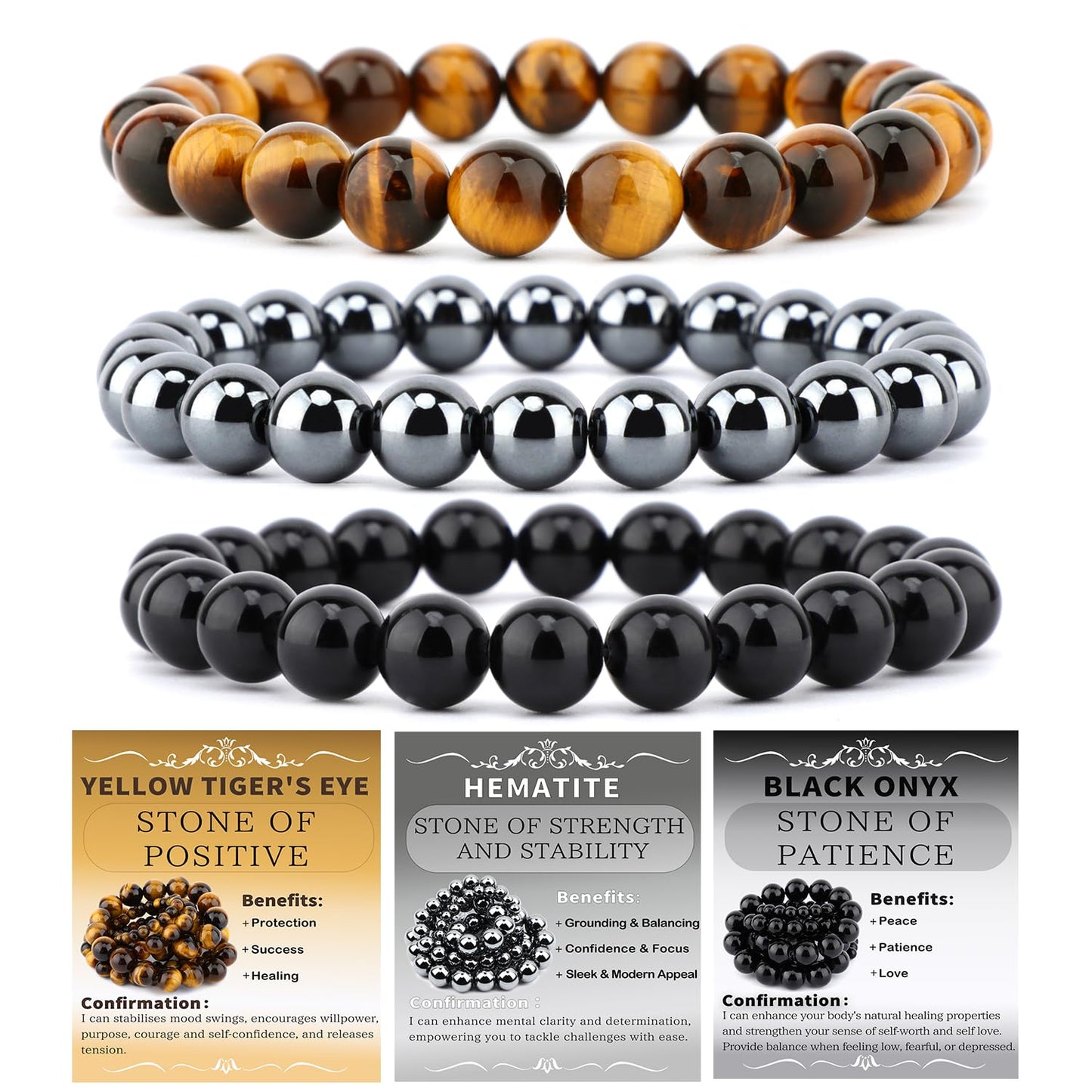 CMBYN 3-Pieces 8mm Natural Crystal Gemstone – ﻿Black Onyx, Hematite, Yellow Tiger's Eye Handmade Reiki Energy Healing Stretch Bracelets Jewelry for Yoga, Meditation, Unisex