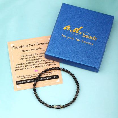 AD Beads 4mm Cat Head Silver Obsidian Bracelet – Attract Money, Abundance & Business Luck, Beaded Spiritual Energy Bracelet for Women and Men