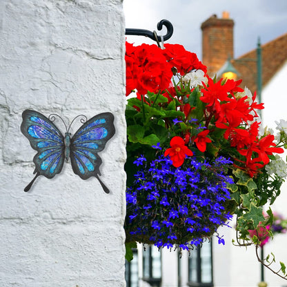 HONGLAND Metal Butterfly Wall Decor Outdoor Indoor Art Sculpture Hanging Glass Decorations Blue for Home Garden Bedroom (Blue)