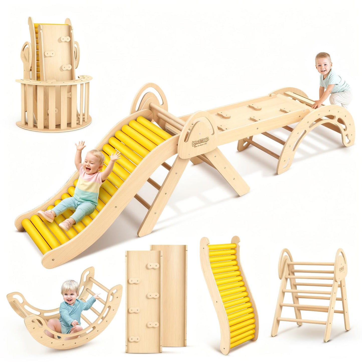 Pikler Triangle Set for Kids, 10 in 1 Toddler Climbing Toys Indoor, Foldable Wooden Montessori Climbing Set, Indoor Playground Baby Jungle Gyms for Kids 1-3 with Arch, Ramp, Ladder and Roller Slide