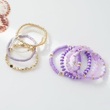 GOOJIDS Purple Surfer Heishi Clay Bead Bracelets for Women Bohemian Stackable Gold Plated Beaded Stretch Bracelets Elastic Layering Friendship Bracelets Set Boho Jewelry