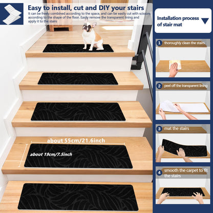JAYFAN Non-Slip Stair Treads Mat Carpet for Wooden Steps(7/15 Pack), 21.6 x 7.4IN Self-Adhesive, Safety Indoor Stair Runner Mats, Anti Slip Stair Treads for Kids Elders and Dogs Pets
