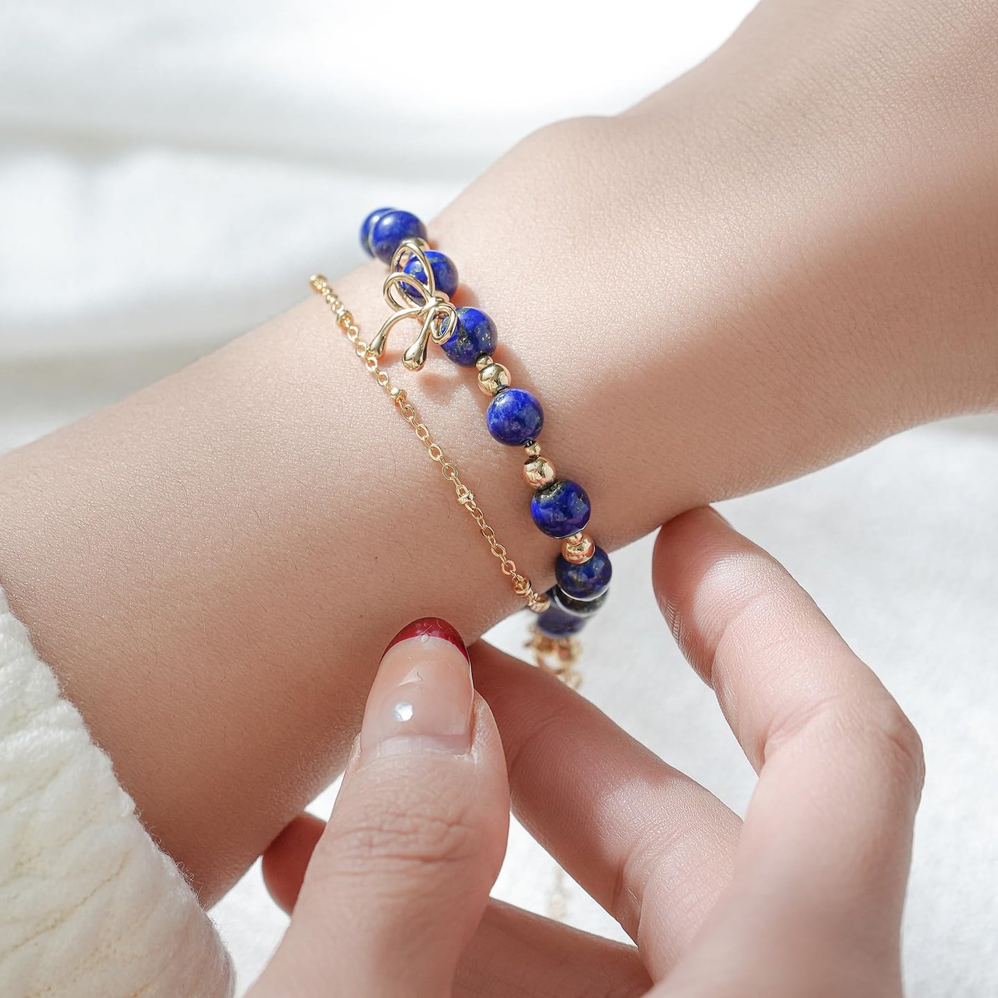 NeoHundreds Luxury Handmade Lapis Lazuli Bracelet Natural Crystal Gemstone 14K Gold-Plated Chain With Bow,Elegant Unique Jewelry Gift Ready for Woman Her Girlfriend Daughter Mother Day