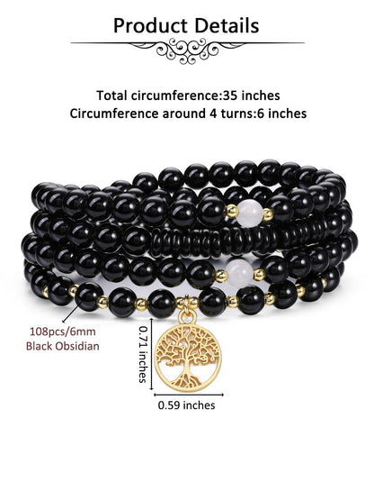 Jovivi 108 Mala Beads Bracelet Necklace, Natural Black Obsidian Healing Crystal Stones Prayer Beads Yoga Meditation Gemstone Necklace Gold Copper Tree Life Pendant