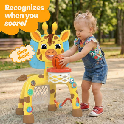Move2Play, Giraffe Basketball Hoop & Soccer Goal Activity Center | 30+ Sounds & Songs + 5 Lights | 1 2 3 Year Old Birthday Gift for Boys and Girls | Toy for Baby & Toddlers (Yellow)
