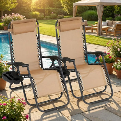 Patio Lounge Chairs Set of 2, Outdoor Recliner with Side Tray & Headrest - Heavy Duty Steel Mesh Folding Chairs, Adjustable Portable Camping Lawn Chairs for Poolside, Beach, Backyard, Deck