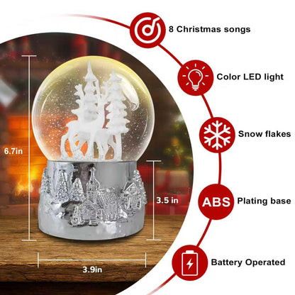 Hpoeude Winter White Deer Musical Christmas Snow Globe LED Light Up,120MM Snowflakes, 6.7Inch Height Water Globe, Festive Christmas Decor, Ideal Gift for Women and Adult.