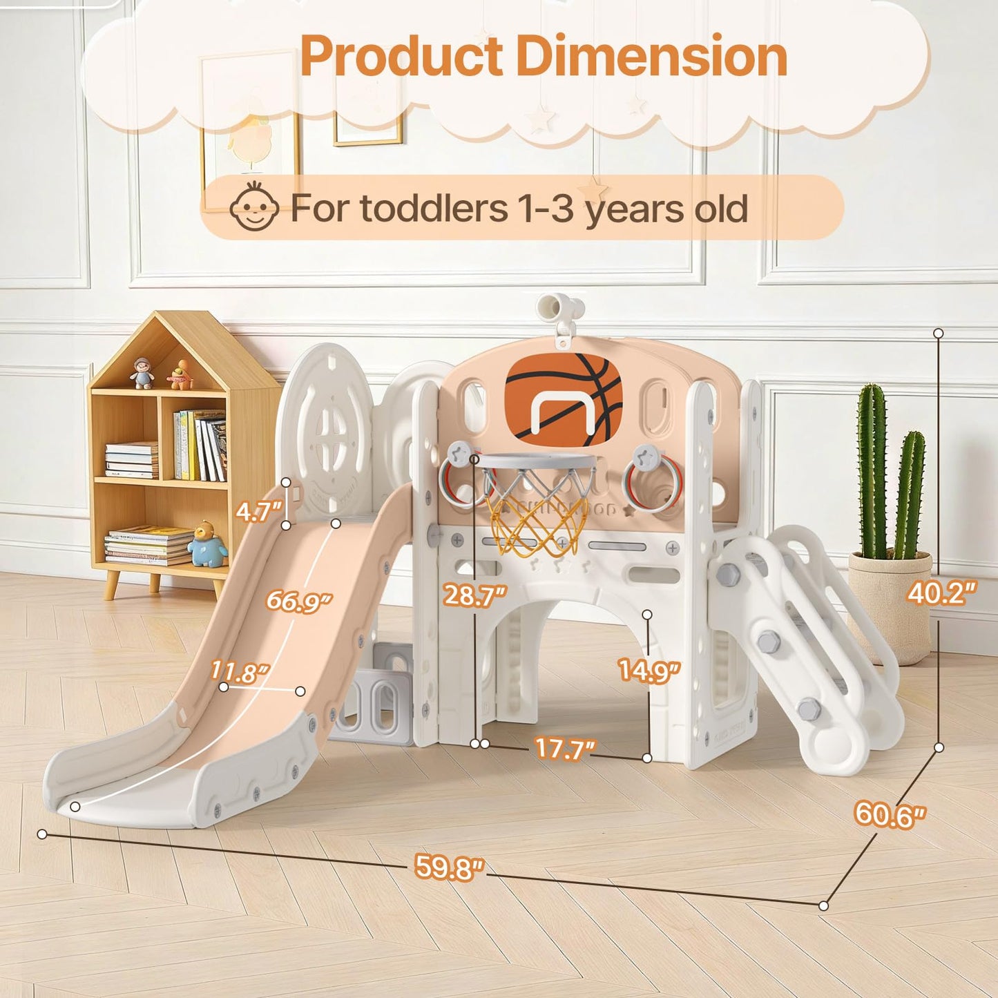 BIERUM 9 in 1 Toddler Slide, Baby Slide for Toddlers Age 1-3 with Ring Toss, Basketball Hoop and Telescope, Indoor Outdoor Playset Playground Beige Coffee