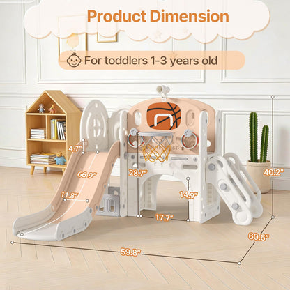 BIERUM 9 in 1 Toddler Slide, Baby Slide for Toddlers Age 1-3 with Ring Toss, Basketball Hoop and Telescope, Indoor Outdoor Playset Playground Beige Coffee