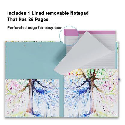 Cute Clipboard Folio with Refillable Lined Notepad and Interior Storage Pocket for Office Stylish A4 Foldable Clipfolio - Tree Seasons