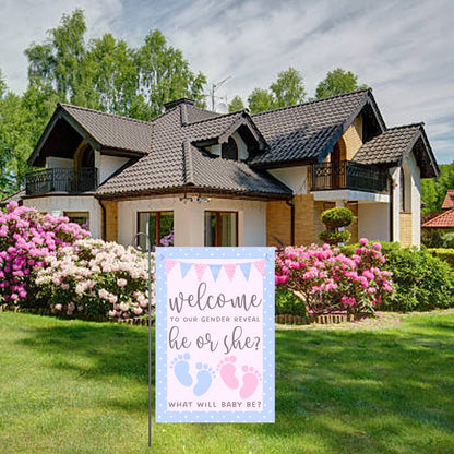 He or She Garden Flag 12x18" Double Sided Pink and Blue Flag Gender Reveal Yard Flag Boy or Girl Baby Footprint Welcome Banner Pregnancy Announcement Baby Shower Decor Gender Reveal Party Supplies