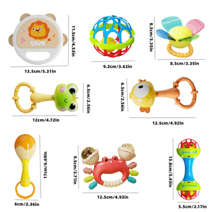 HAOHAOSHUA Infant Rattle and Teether Toy Set, 8PCS Baby Rattles Toys with Crinkle Sound,Teething Ring,Squeeze Toy for 3+ Months,Colorful Animal Design (Lion, Crab, Frog, Bird) for Sensory Development