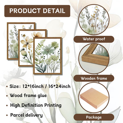 Wood Framed Sage Green Botanical Wall Art Set of 3, Boho Floral Canvas Wall Decor Paintings, Minimalist Flower Posters Prints Pictures for Bedroom Bathroom Living Room Home Decor 12x16 Inch