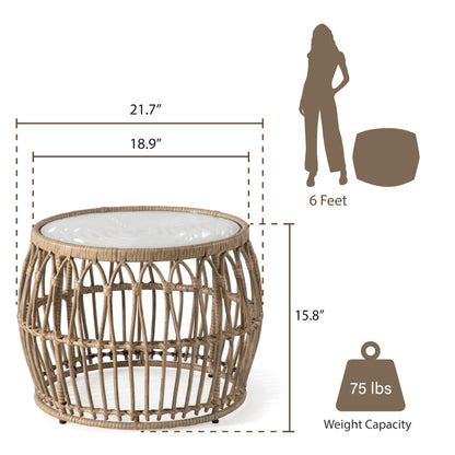 Furniture of America Ysar Boho Rattan Round Coffee Table Outdoor with 5mm Tempered Glass Top, All-Weather and Rust Resistant Patio Furniture