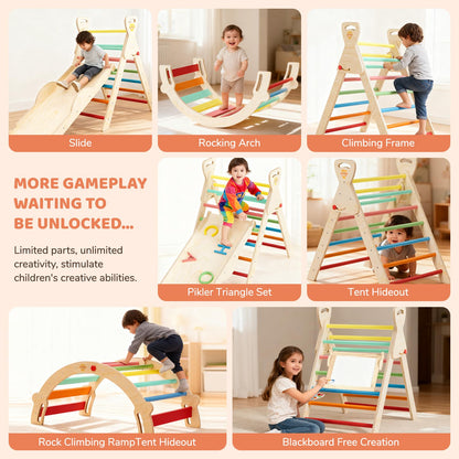 CHAO KWORLDS Pikler Triangle Set Foldable, Montessori Climbing Toys for Toddlers 1-3, Wooden Indoor Jungle Gym, 8-in-1 Toddler Climber with Slide & Arch, Space Saving Indoor Playground