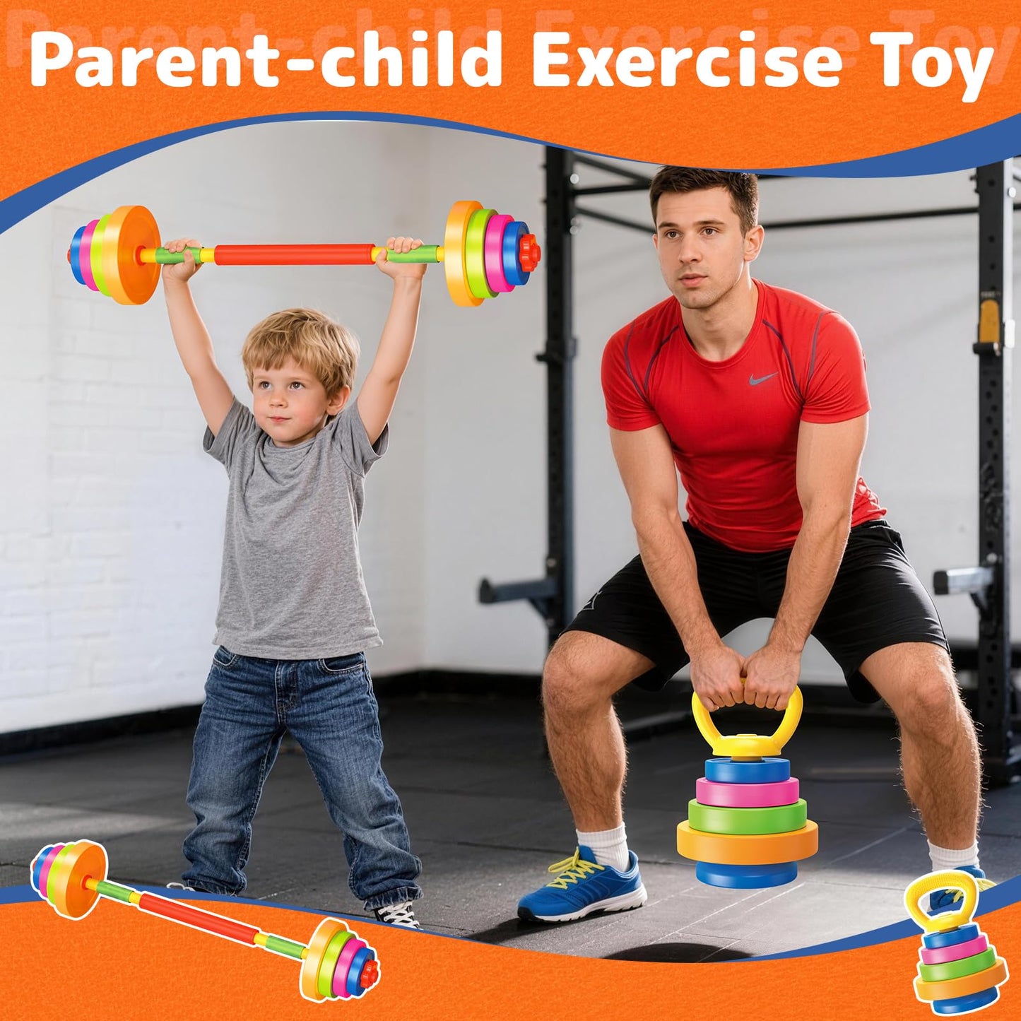 6-in-1 Kids Weight Set- Dumbbell, Barbell, Kettlebell, Ring. Adjustable Workout Equipment Toy for Children Pretend Kids Exercise Equipment, Toddler Weights Gym Workout Bench Set Gift for Baby Boy Girl