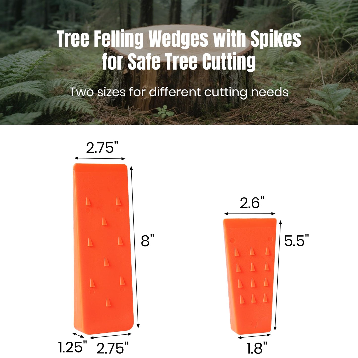 6 Pack Tree Felling Wedges with Spikes for Safe Tree Cutting – 3 Each of 8” and 5.5” Wedges with Storage Bag; 6 Felling Dogs to Guide Trees Stabilize and Safely to Ground for Loggers and Fallers