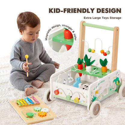 Wooden Baby Walker, Baby Push Walker, Adjustable Speed Baby Walker with Wheel, Toddler Activity Center Toys, Montessori Farm Walker Toy with Shape Sorter, Carrot Harvest for Boys and Girls