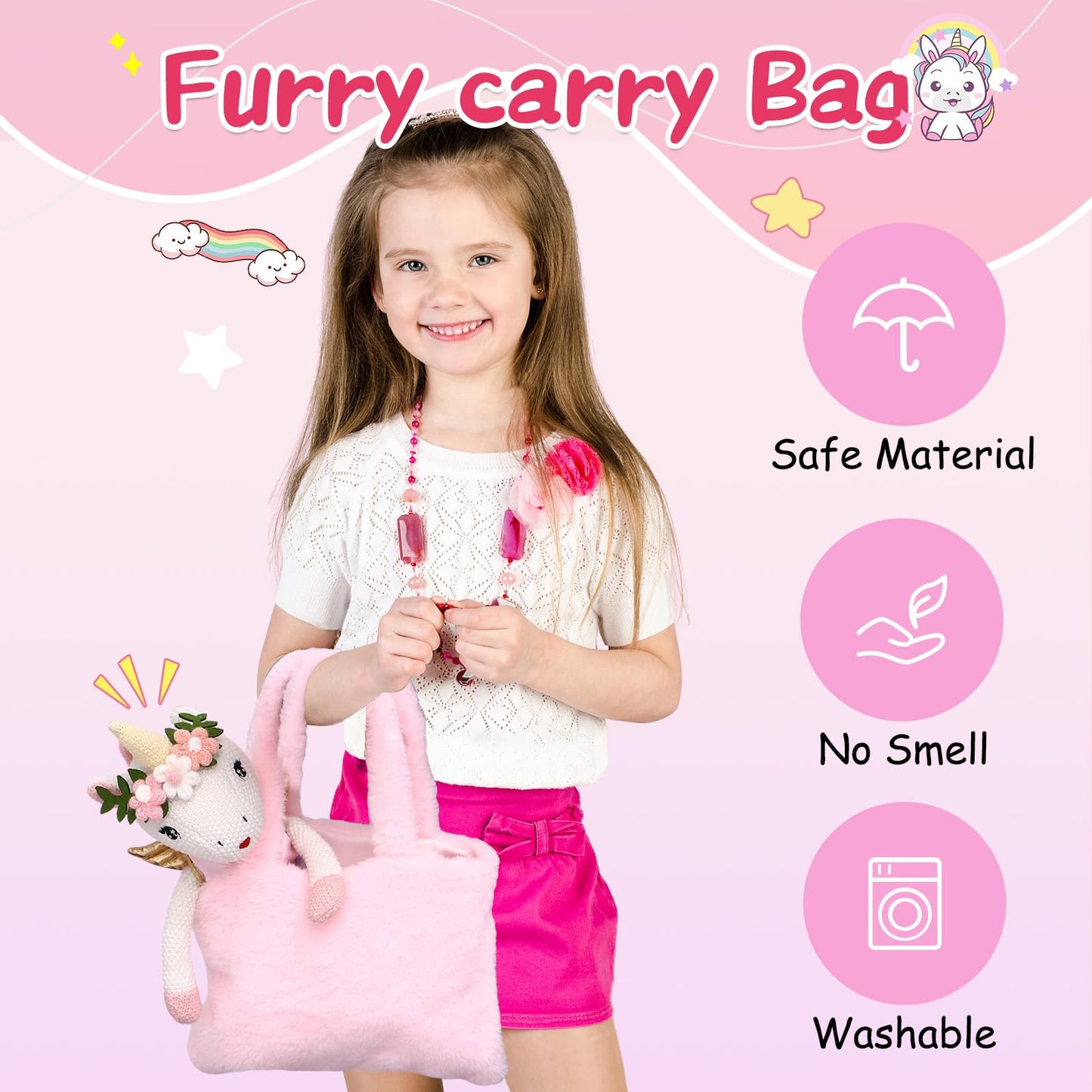 Unicorn Doll Stuffed Animal Toys for Girls - Ballerina Doll | Plush Carrier Bag | 3 Set Cloth Accessories, Kids Pretend Play Crochet Gifts, Birthday Gift for 3 4 5 6 Year Old Little Girl Unicorn Toys