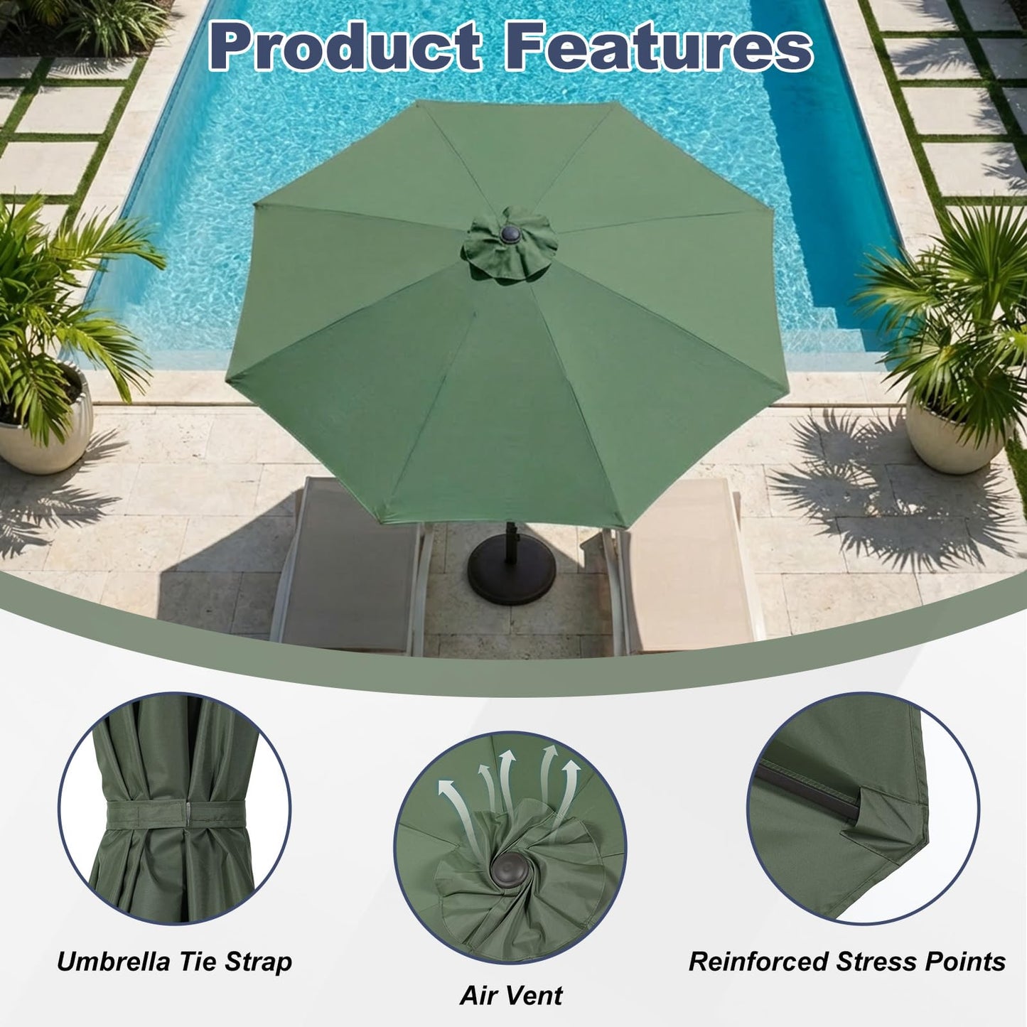 BPS Patio Umbrella Replacement Canopy for 9 ft 8 Ribs Table Umbrella, Outdoor Umbrella Replacement for Market Parasol, Olive Grove Canopy Only