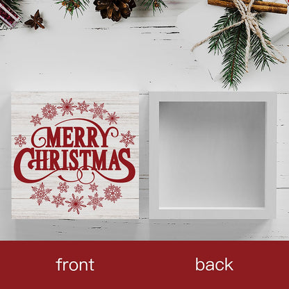 Retro Rustic Winter Merry Christmas with Snowflakes Wood Box Sign, Farmhouse Christmas Santa Artwork Decor, Wood Square Sign Desk Block Signs Home Shelf Office Decoration 5 x 5 Inches