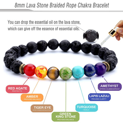 Hamoery Men Women 8mm Lava Rock 7 Chakra Beads Chakra Bracelet Braided Rope Natural Stone Yoga Bracelet Bangle