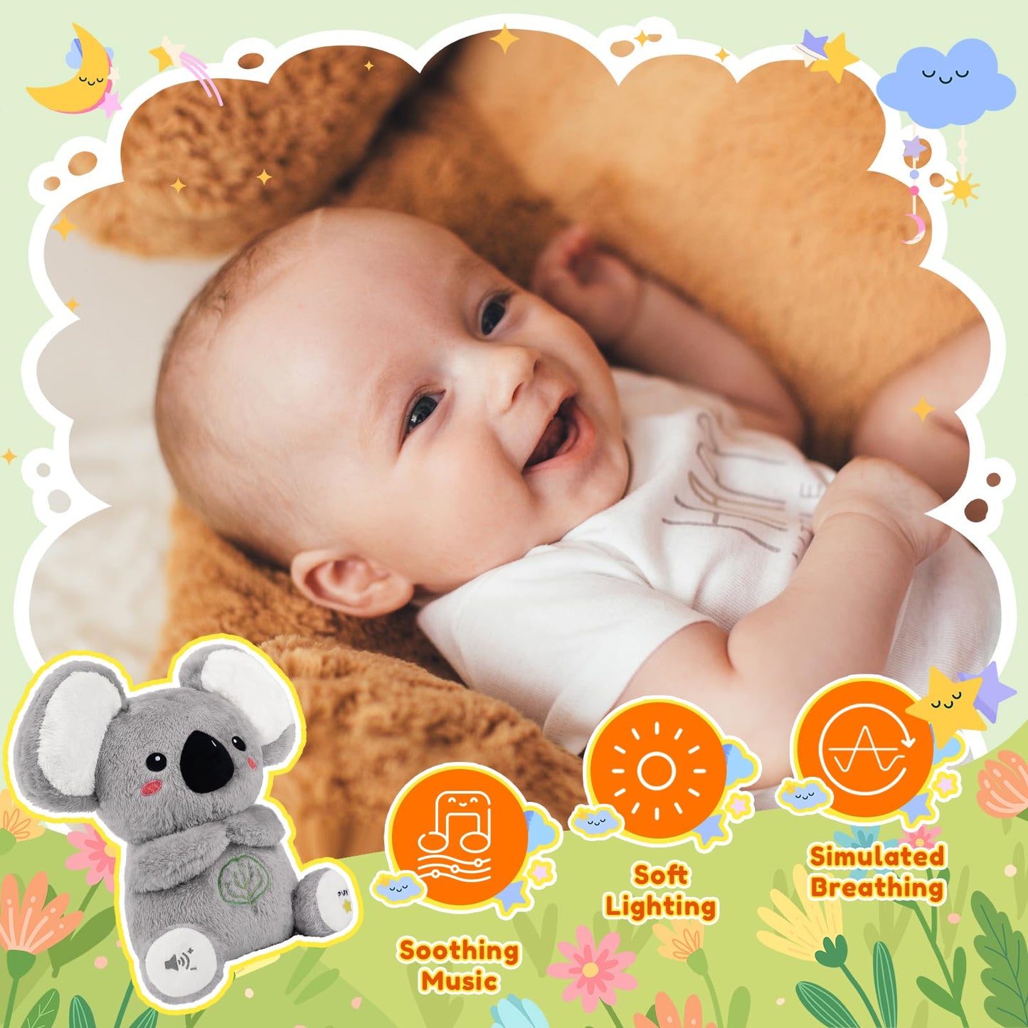 BRICHOEE Breathing Stuffed Animal, Soothing Koala Stuffed Animal with Moving Ears, Breathing Motion, Calming Sound and Light for Baby Sleep Companion Portable Plush Toy Gifts for Kids Newborns