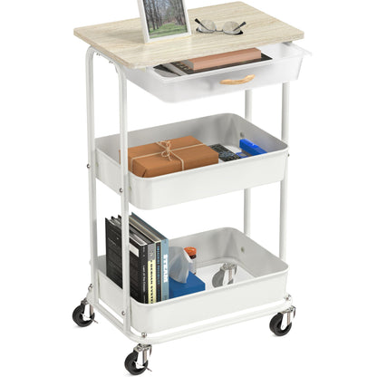 Simple Houseware 3-Tier Rolling Utility Cart with Drawer & Wood Tabletop - Mobile Sofa Side Table, Nightstand, Slim Storage Organizer Trolley for Bedroom, Bathroom, Office & Art Supplies, Maple