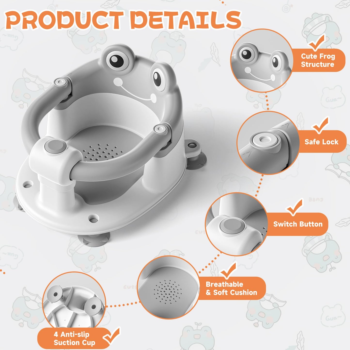 Baby Bath Seat for Babies 6 Months & Up - Toddler Bath Seats for Baby Sitting Up with 4 Suction Cups & Soft Cushion, Non-Slip Infants Shower Bathtub Chair for Newborn Boys Girls, Gray