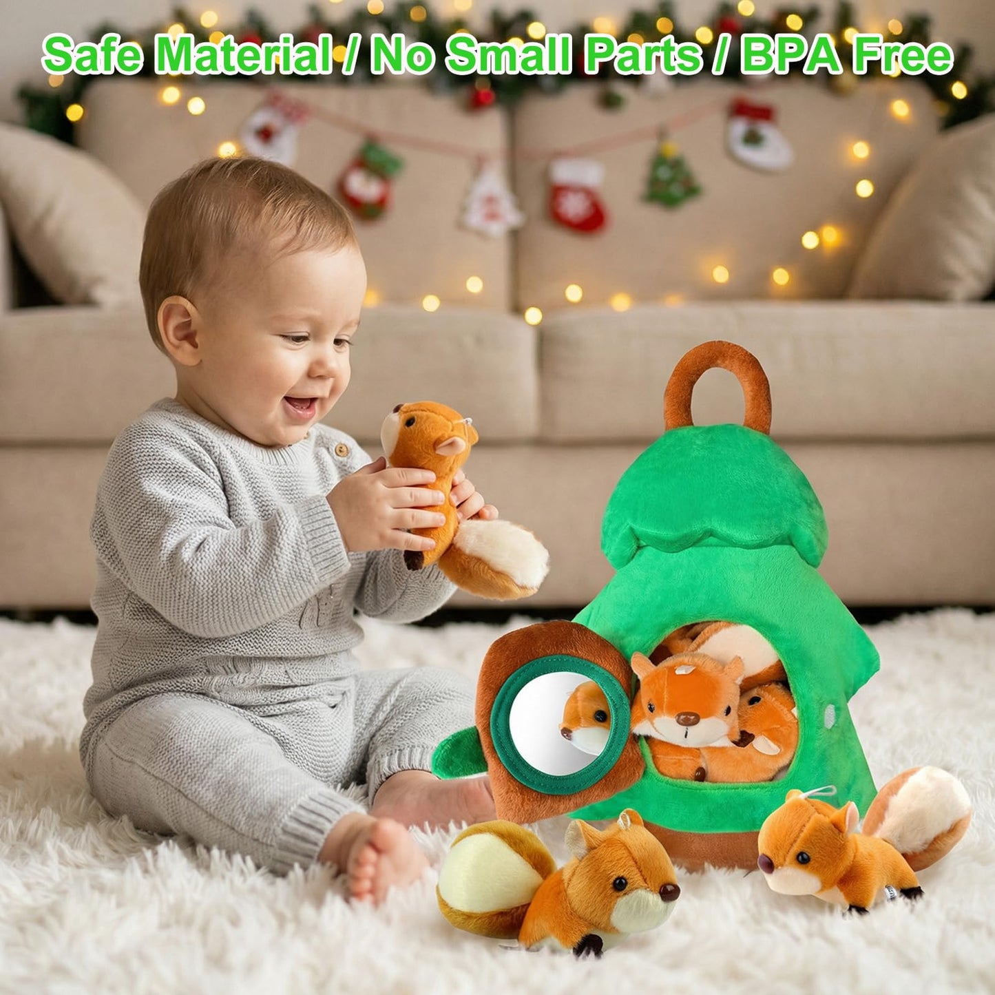 Squirrel Tree Baby Sensory Toy for 6-12 Months, Montessori Plush Hide and Seek Toy for Toddlers 1-3, Infant Developmental Stuffed Animal Playset with 5 Squirrels, Newborn Gift for Boys Girls