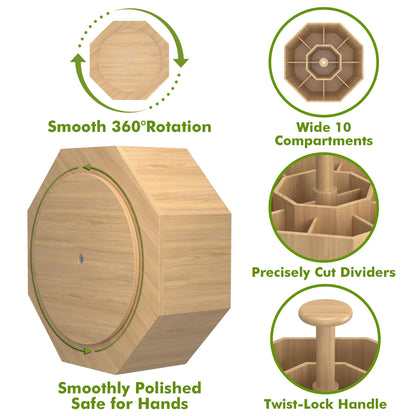 CraftGenes Bamboo Rotating Pen Organizer for Desk, 360° Spinning Desk Organizer with 10 Compartments, Wooden Pencil Holder, Desk Caddy for Office Supplies, Marker Organizer for Office Home School