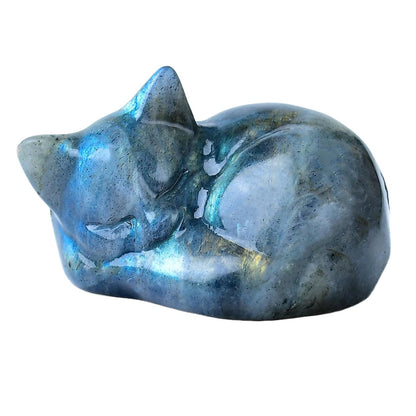 RUIJINGYUAN Labradorite Cat Statue - 2 Inch Hand Carved Healing Crystal Figurine, Sleeping Cat Stone Sculpture for Desk Decor, Office Home Gift for Cat Lovers