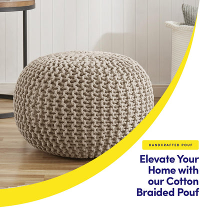 Pouf Ottoman Foot Rest Stuffed – 20” Diameter x 14” Tall Cozy Floor Pouf for Living Room, Bedroom, Nursery & More – 100% Cotton Knit Shell, EPS Bead Filled Footrest & Accent Chair, Beige