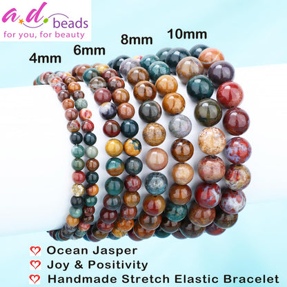AD Beads 4mm Handmade Ocean Jasper Elastic Bracelet – Natural Gemstone for Joy & Positivity – Meditation, Yoga, Healing and Energy Gift for Men Women