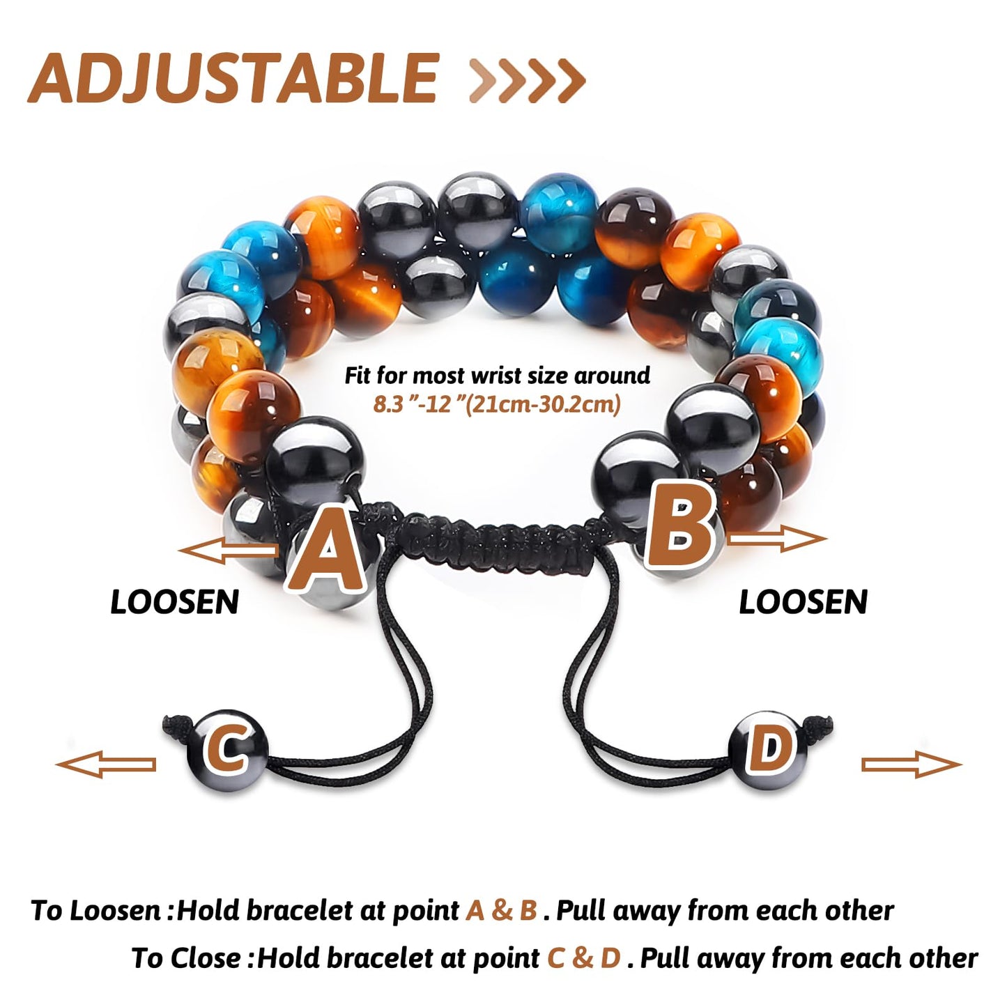 MIDON Tiger Eye Bracelet, Triple Protection Bracelet for Men Women, Handmade Tiger Eye Beads Hematite and Black Obsidian Jewelry Natural Stone Healing Energy Crystal Bracelets