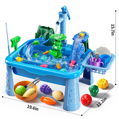 Water Table Play Sink Toy for Kids 2 3 4 5 6 Years Old - Outdoor Kitchen with Running Water, Fishing Games, Toddler Water Play Table for Kids Ages 3-8, Beach Outdoor Toys, Birthday Gifts 2+ 3-5 (Blue)