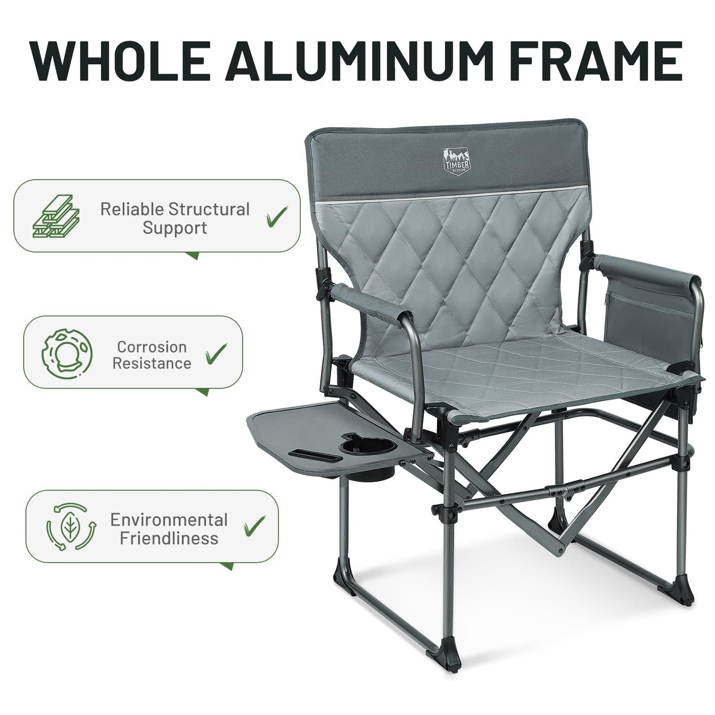 Timber Ridge Aluminum Camping Directors Chair with Side Table Pocket, Portable Folding Chair, Heavy Duty Lawn Chair for Fishing Trip Picnic Concert Outdoor 400lbs, Grey