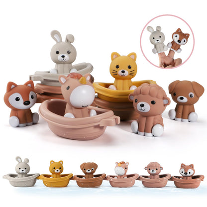 Nueplay Bathtub Toys for Toddlers 18M+，Baby Bath Toys with Animal Finger Puppets， Stackable Boat Train ，Gift for Baby & Toddlers Set of 12
