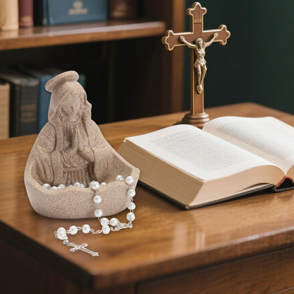 LVEOLU Virgin Mary Statue, Catholic Gifts for Women, Virgin Mary Keepsake Rosary Holder, 5.5" Blessed Mother Statues, Catholic Decor (Sandstone)