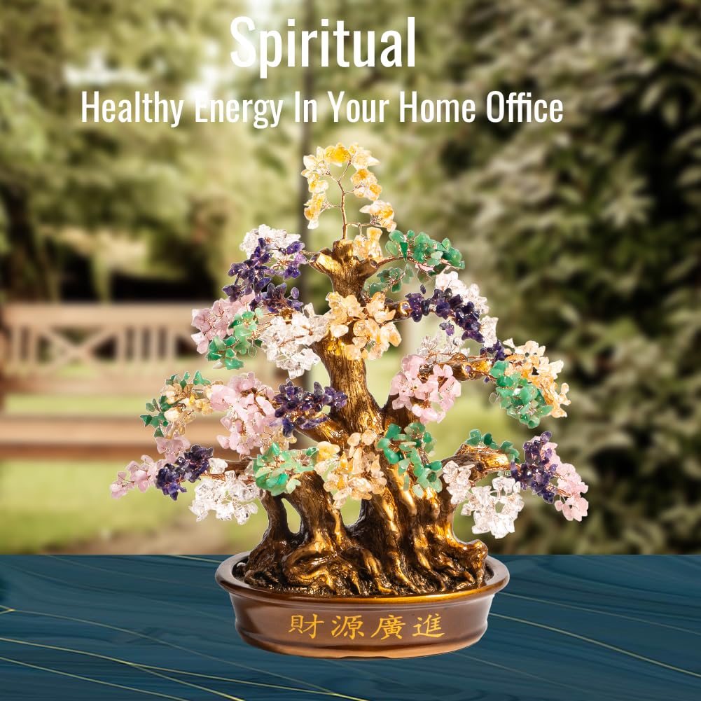 GEMBOURY Natural Bonsai Feng Shui Money Tree, 18'', Includes Lucky Coins Chain, Tree of Life (1300 Gemstone Count), Good Luck and Wealth