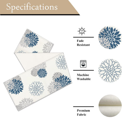 WHOMEAF Blue Gray Table Runner Dahlia Pinnata Flower Beige Table Runners Modern Elegant Pompon Farmhouse Geometric Table Center Decor for Home Dining Party Entrance (13 x 36 Inch)