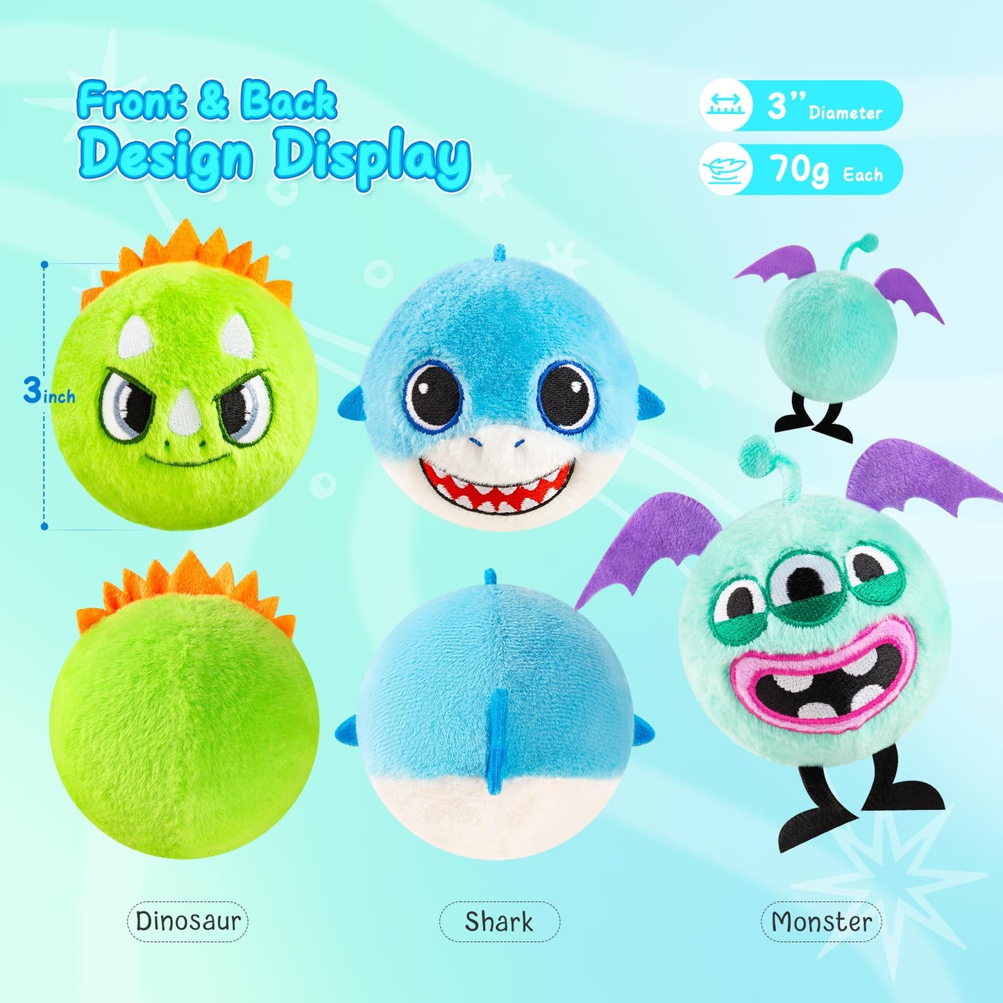 ZOOJOY 3 Pcs Plush Bouncy Balls for Toddlers 1-3, 3-Inch High Bounce Sensory Toys Featuring Dinosaur, Shark & Monster, Soft Game Balls Gift for Boys 6 Months+, Indoor & Outdoor Play