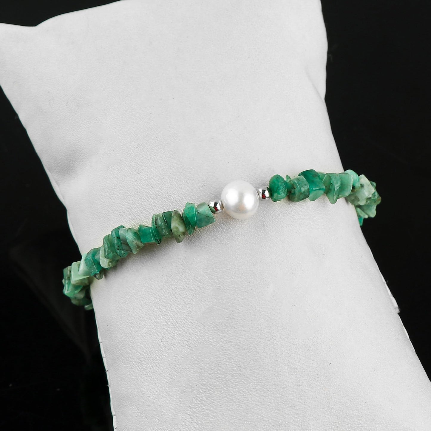 CRYSTALIS Natural Emerald Beads Slider Bolo Bracelet with Elegant Pearl, Uncut Chips Nuggets Crystals, Chakra Healing Gemstone, Women Jewelry, 925 Sterling Silver Slider 10 inch
