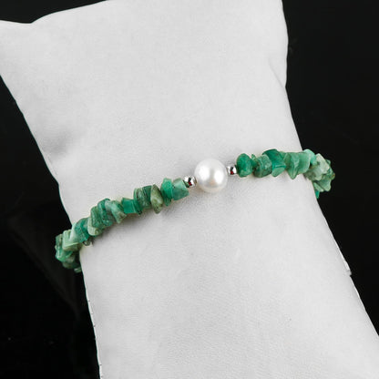CRYSTALIS Natural Emerald Beads Slider Bolo Bracelet with Elegant Pearl, Uncut Chips Nuggets Crystals, Chakra Healing Gemstone, Women Jewelry, 925 Sterling Silver Slider 10 inch