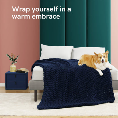 YnM Weighted Blanket, Handmade Chunky Knitted Design, Soft and Cozy, Temperature Regulating and Breathable, Machine Washable Throw for Sleep or Home Decor (Prussian Blue, 50x60 Inch, 10lbs)