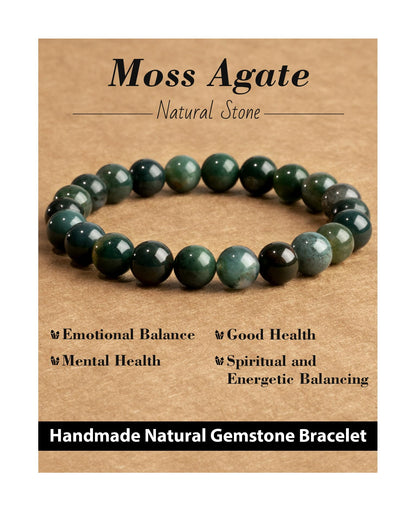 Landorilo Beaded Bracelet for Men Women, 8mm Natural Stone Moss Agate Healing Crystal Stretch Bracelets, Ideal Christmas Birthday Jewelry Gifts with Energy Card，Replacement Beads Included