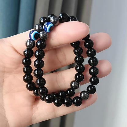 WEFRIN Evil Eye with Hematite Black Obsidian Tiger Eye Stone Triple Protection Bracelets for Men Women, Crystal Jewelry Stone Bracelets Bring Luck and Prosperity and Happiness (D-8mm(d))