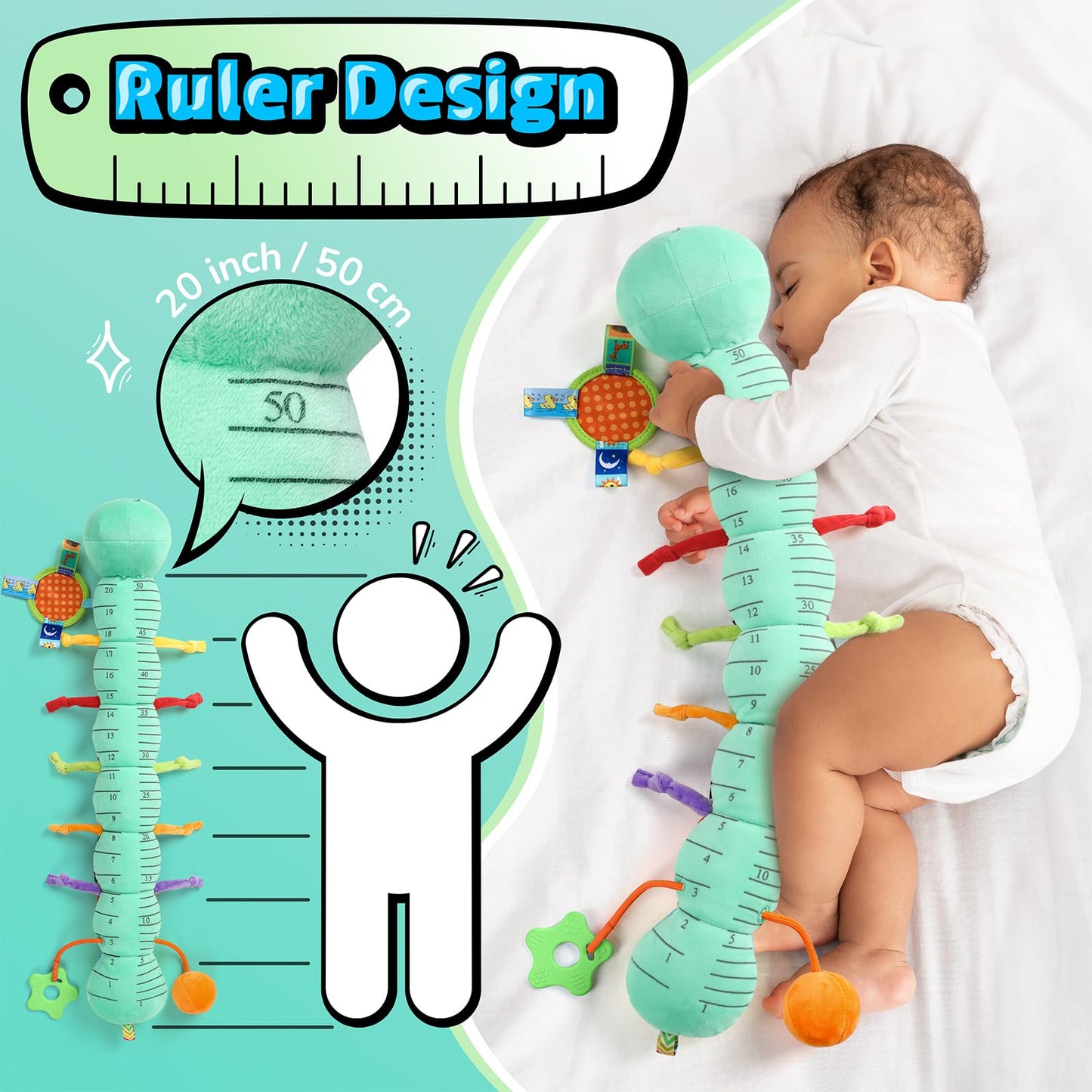 LIGHTDESIRE Baby Toys 6-12 Months Musical Caterpillar,Infant Toys 0-6 Months Sensory Toy with Ruler Design,Mirror,Pull String,Crinkle&Rattles,Baby Teething Toy for Tummy Time Boy Girl Gifts (Ice Blue)