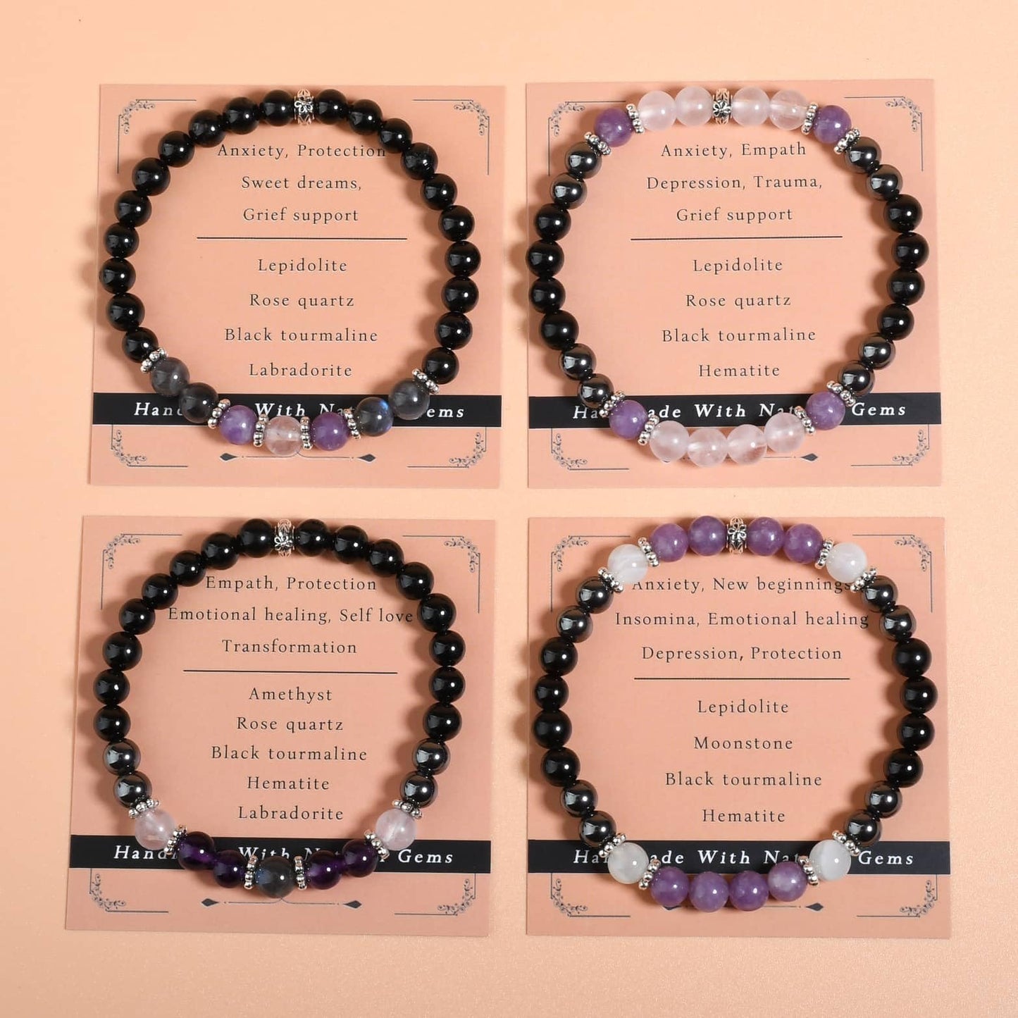 Gracayfr Empath Protection Bracelet Black Tourmaline Hematite Amethyst Rose Quartz Labradorite Beaded Transformation Emotional Healing Crystal Items Jewelry Halloween Christmas Day Gifts For Women Five
